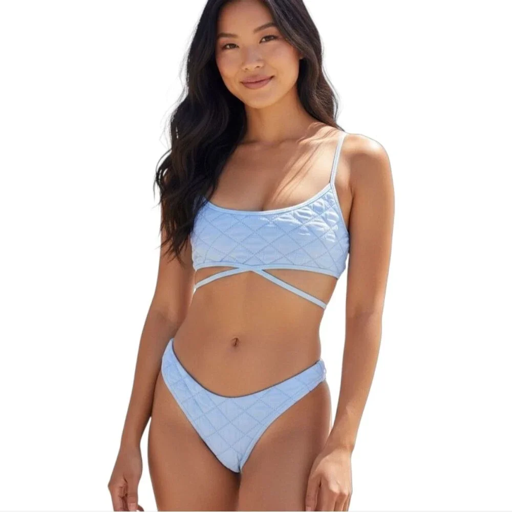 NEW Frankies Bikinis Katarina Waco & Dawson Cheeky Bikini Set in Baby Blue Large